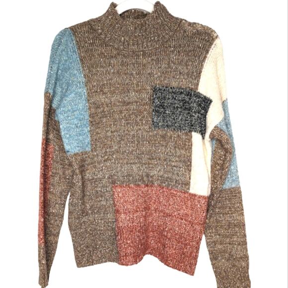 Retro Color Block Twee Grandpacore Preppy School Girl Mock Neck Sweater Small - Picture 1 of 4